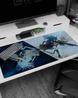 40x20 inches desk pad featuring fierce airborne anime girl with long sniper rifle, windblown hair and fluttering skirt.