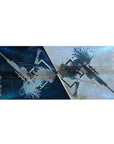 Anime girl desk pad 36x16 inches with split galaxy-blue and stormy haze, mirrored silhouette, sniper theme.