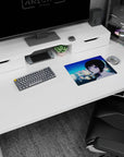 Anime girl with glossy black ponytail and violet eyes before blurred city lights mouse pad 14x10 inches.
