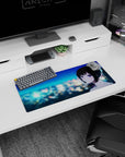 28x12 inches mouse pad showing an anime girl with violet eyes by blurred city lights, perfect for RGB setups.