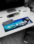 32x12 inches extended mouse pad showing anime girl with violet eyes, black ponytail, and dreamy night city.