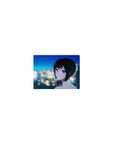 Classic anime girl mouse pad 14x10 inches with city skyline bokeh and sleek ponytail portrait.