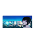 28x12 inches anime girl mouse pad with city bokeh skyline, glossy black ponytail and violet eyes.