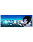 32x12 inches anime girl desk mouse pad with glossy black ponytail and city bokeh skyline design.