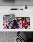 Anime mouse pad 28x12 inches featuring KonoSuba's Aqua, Kazuma, Megumin, and Darkness in a vibrant, chaotic tavern scene.