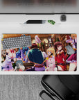 Anime mouse pad 32x16 inches featuring KonoSuba's Aqua, Kazuma, Megumin, Darkness in a festive tavern scene with glowing lights.