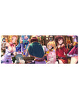 Anime mouse pad 32x12 inches featuring KonoSuba's Aqua, Kazuma, Megumin, and Darkness in a festive tavern scene.