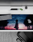 Anime girl desk pad 36x16 inches in pink-violet dusk fading to deep navy, soft dreamy bittersweet mood.