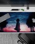 40x20 inches anime girl desk pad in pink-violet dusk fading to deep navy, soft bittersweet vibe.