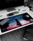 Anime girl desk pad 40x20 inches showing lone girl silhouette at dusk, birds in sky above dark trees.