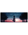 Anime girl mouse pad 32x12 inches with silhouette under twilight sky, birds, trees, and city lights.