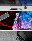 Anime mouse pad 40x20 inches featuring Nezuko from Demon Slayer, showcasing dual worlds of red and blue in striking detail.