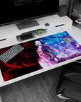 Nezuko anime desk pad 40x20 inches with red and blue duality, pink kimono glowing at center, soft gradients, bold shadows.