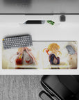 Intense 32x12 mouse pad features Zero Two and Violet's bond with intricate golden glow and raindrop artistry