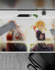 Emotional 40x20 desk pad showcases Zero Two and Violet Evergarden with golden sunrise and raindrops for fans of iconic characters