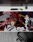 Moody navy and white desk pad 40x20 inches with pink-haired anime vibe and red splatter.
