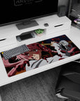 36x16 inches Future Diary Yuno Gasai desk pad, flushed cheeks and pink hair with red splatter scene.