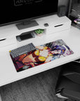 My Hero Academia mouse pad, 28x12 inches, featuring Faye Valentine with golden tones and graffiti textures for a sultry look.