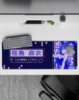 32x12 inches navy and electric violet anime desk mat, cozy night arcade vibe with tiny bunny icons.