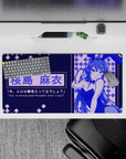 32x16 inches anime desk mat in deep navy and electric violet, cozy night-arcade vibe with cute bunny motifs.
