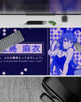 Navy and electric violet anime desk pad 40x20 inches with cozy night arcade vibe and smooth tracking.