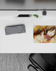 Childhood joy 14x10 mouse pad with Eren, Mikasa, and Armin in warm hues, perfect for reliving their childhood bond at your workspace