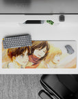 Childhood joy 32x12 mouse pad featuring Eren, Mikasa, and Armin in warm watercolor tones for a nostalgic and peaceful workspace vibe