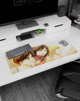 Nostalgic 32x12 mouse pad with Eren, Mikasa, and Armin captured in warm watercolor tones, celebrating their bond before the battle for humanity