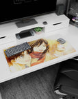 Nostalgic 32x16 mouse pad featuring Eren, Mikasa, and Armin in warm tones, perfect for fans who treasure their childhood memories together