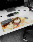 Nostalgic 36x16 anime desk mat featuring Eren, Mikasa, and Armin in warm tones, celebrating their childhood friendship before the conflict