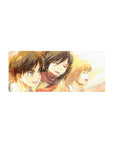 Golden memories 28x12 mouse pad with Eren, Mikasa, and Armin in warm watercolor hues, perfect for creating a nostalgic desk atmosphere