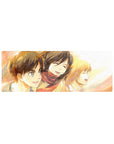 Golden memories 32x12 mouse pad with Eren, Mikasa, and Armin in watercolor hues, evoking a sense of childhood joy before the battle