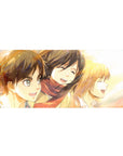 Golden memories 36x16 desk pad featuring Eren, Mikasa, and Armin in warm watercolor tones for a nostalgic and peaceful workspace vibe