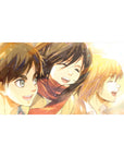 Golden memories 40x20 desk pad featuring Eren, Mikasa, and Armin in warm watercolor tones, capturing their childhood joy and bond before the battle