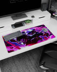 Modern 32x16 inches mouse pad with Tanjiro Kamado igniting his sword, featuring vibrant reds and purples to add dynamic energy to your workspace.