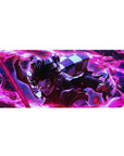 Demon Slayer desk pad featuring Tanjiro Kamado igniting his sword, 36x16 inches, with vibrant reds and purples, perfect for action-packed artwork fans.
