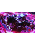 Desk pad featuring Tanjiro Kamado igniting his sword with burning fury, 40x20 inches, with vibrant reds and purples capturing the intensity of his attack.