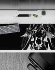 High-contrast black and white anime desk pad 36x16 inches with clean, hypnotic poster vibe.