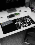 Anime girl with long flowing hair and shining eyes on a 36x16 inches desk pad, soft smile scene.
