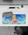 28x12 inches anime mouse pad in bright sky blues and teal, sunny summer-crush vibe with sparkling bubbles.