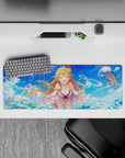 32x12 inches anime desk mouse pad in sky blue and teal, summery beach vibe with warm highlights and sparkles.