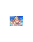 Classic anime girl mouse pad 14x10 inches with beach-day art, bubbles, teal waves, and cute trim.