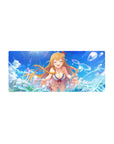 28x12 inches anime girl mouse pad with blonde beach-day character, bubbles, teal waves, and ribbon clip.