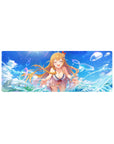 32x12 inches anime girl mouse pad with laughing blonde by teal waves, bubbles, and bright sky background.