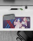 28x12 inches mouse pad with Zero Two and Ichigo design, blending streetwear, soft pastels, and sakura petals for a stylish, cyberpunk-inspired look.