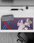 32x12 inches mouse pad with Zero Two and Ichigo design, featuring soft pastels, cyberpunk details, and sakura petals for a stylish and trendy vibe.