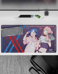 32x16 inches mouse pad with Zero Two and Ichigo in streetwear, featuring sakura petals and cyberpunk details for a fashionable, anime-inspired look.