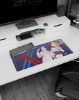 My Hero Academia mouse pad, 28x12 inches, featuring Zero Two and Ichigo in streetwear with soft pastels, sakura petals, and cyberpunk details.