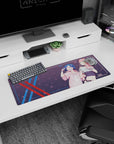 Artistic 32x12 inches mouse pad featuring Zero Two and Ichigo in streetwear, with sakura petals and cyberpunk details for a unique anime effect.
