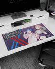 Modern 32x16 inches mouse pad featuring Zero Two and Ichigo design, blending streetwear with soft pastels, sakura petals, and cyberpunk vibes.